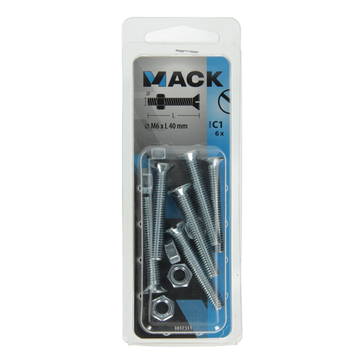 Afbeelding laden in galerijviewer, Mack 1017511 - metaalschroef verz. kop + moer verz. 6 st m6 x 40 mm | 10 stuks
