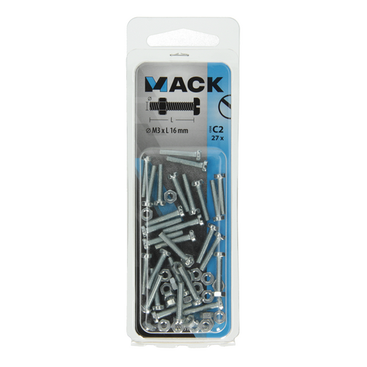 Mack 1017515 - metaalschroef cyl. kop + moer verz. 27 st m3 x 16 mm | 10 stuks