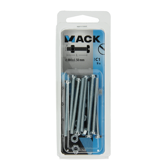 Mack 1017522 - metaalschroef cyl. kop + moer verz. 9 st m4 x 50 mm | 10 stuks