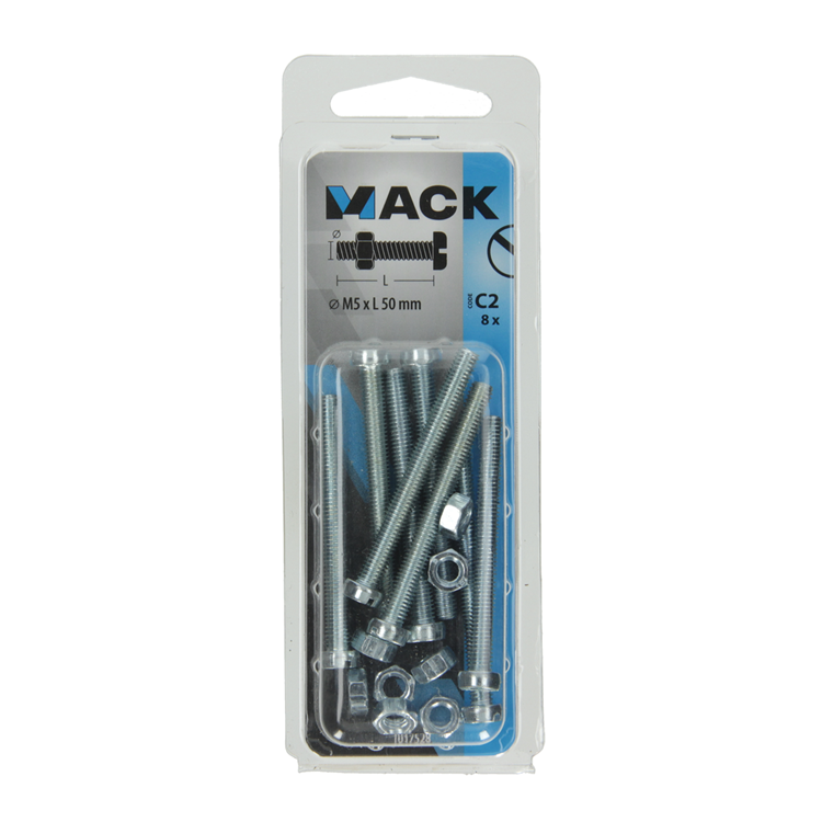 Afbeelding laden in galerijviewer, Mack 1017528 - metaalschroef cyl. kop + moer verz. 8 st m5 x 50 mm | 10 stuks
