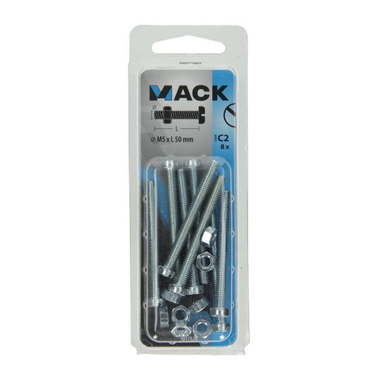Mack 1017528 - metaalschroef cyl. kop + moer verz. 8 st m5 x 50 mm | 10 stuks