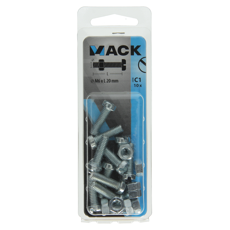 Afbeelding laden in galerijviewer, Mack 1017531 - metaalschroef cyl. kop + moer verz. 10 st m6 x 20 mm | 10 stuks
