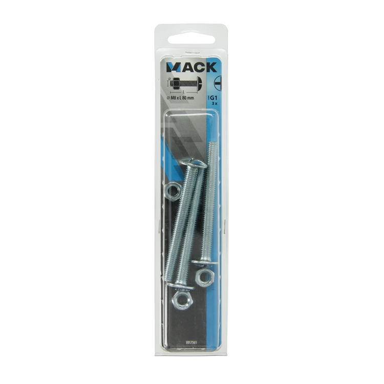 Afbeelding laden in galerijviewer, Mack 1017561 - kachelbout + moer staal verzinkt 3 st m8 x 80 mm | 5 stuks
