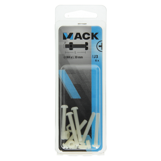 Mack 1017641 - metaalschroef cyl. kop + moer nylon 6 st m4 x 30 mm | 10 stuks