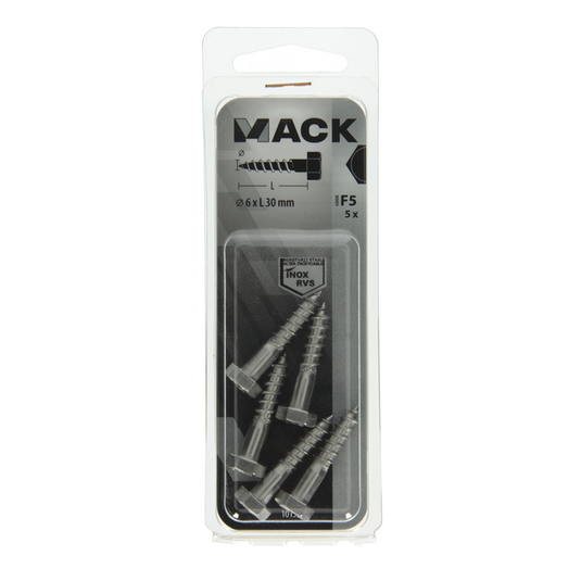Mack 1019763 - houtdraadbout roestvrijstaal 5 st 6 x 30 mm | 10 stuks