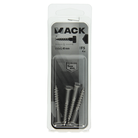 Mack 1019764 - houtdraadbout roestvrijstaal 4 st 6 x 40 mm | 10 stuks