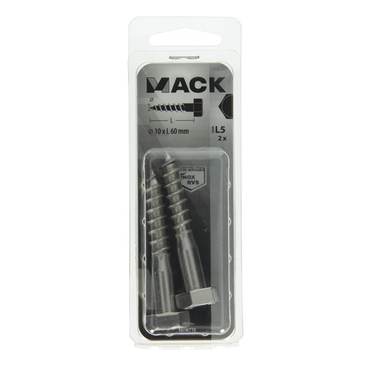 Mack 1019775 - houtdraadbout roestvrijstaal 2st 10 x 60 mm | 10 stuks