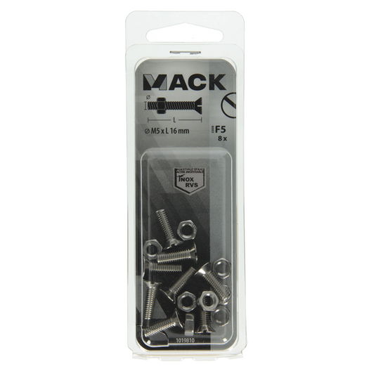 Mack 1019810 - metaalschroef verz. kop + moer rvs 8 st m5x16 | 10 stuks