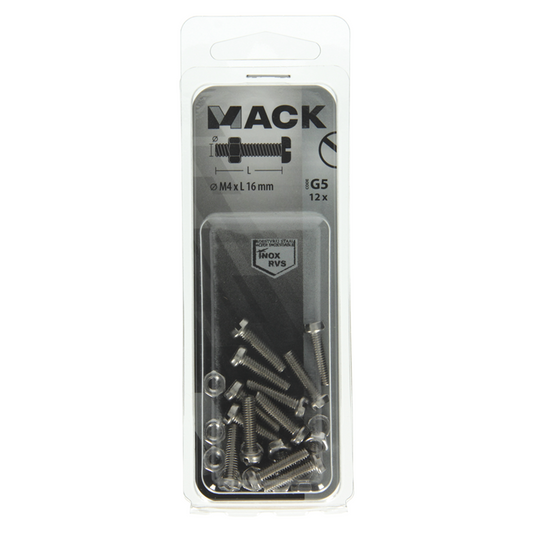 Mack 1019819 - metaalschroef cyl. kop + moer rvs 12 st m4x16 | 10 stuks