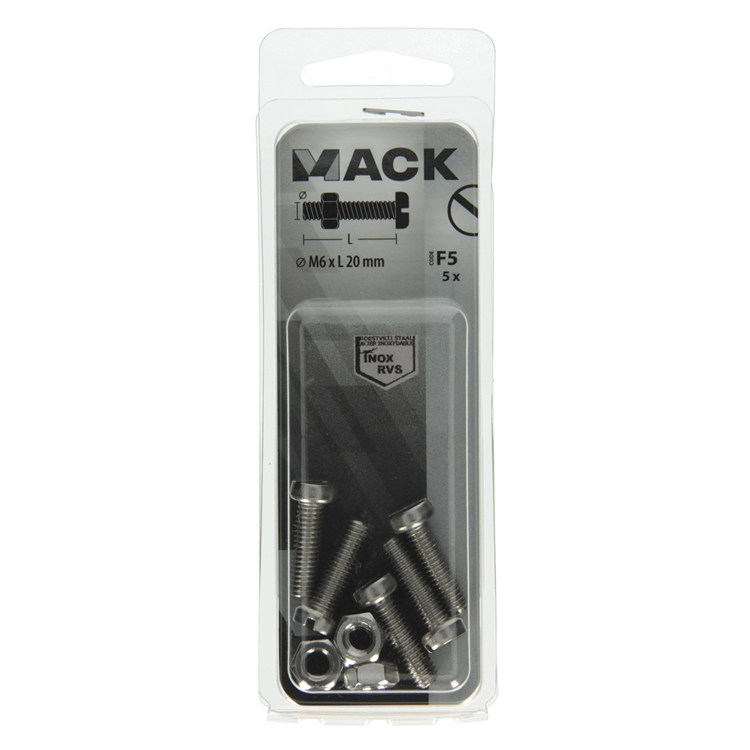 Chargez l'image dans la visionneuse de la galerie, Mack 1019829 - metaalschroef cyl. kop + moer rvs 5 st m6x20 | 10 stuks
