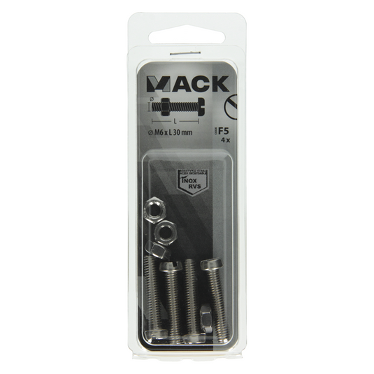 Mack 1019830 - metaalschroef cyl. kop + moer rvs 4 st m6x30 | 10 stuks