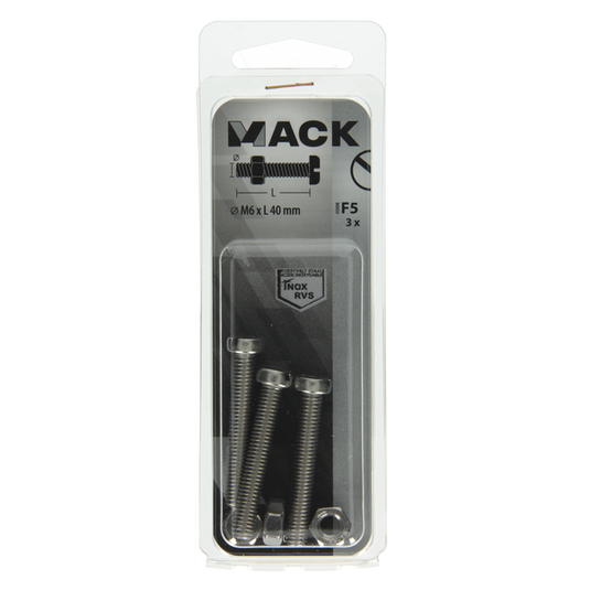 Mack 1019831 - metaalschroef cyl. kop + moer rvs 3 st m6x40 | 10 stuks