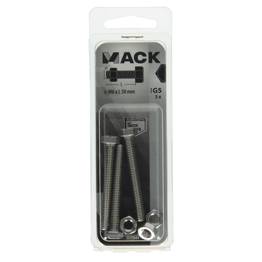 Mack 1019844 - tapbout + moer roestvrijstaal 3 st m6x50 | 10 stuks