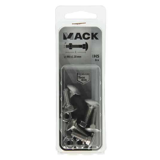 Mack 1019906 - houtbout + moer roestvrijstaal 6 st m6x20 mm | 10 stuks