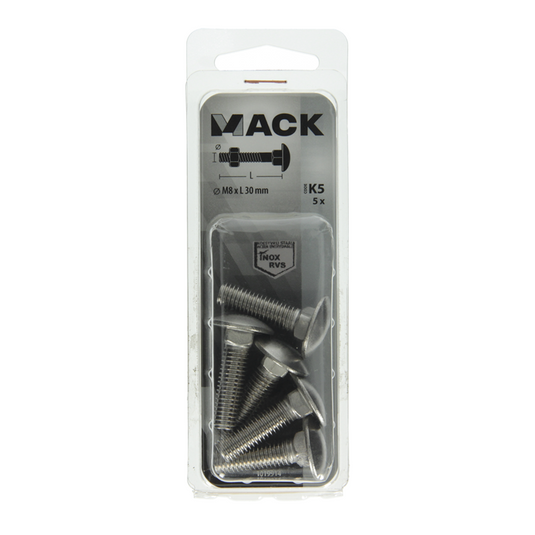Mack 1019914 - houtbout + moer roestvrijstaal 5 st m8 x 30 mm | 5 stuks