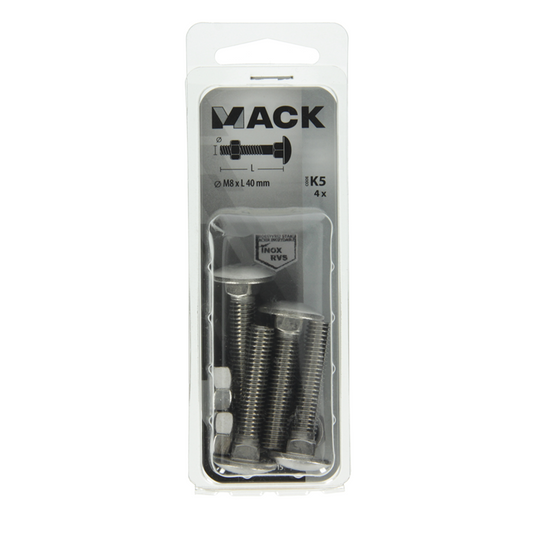 Mack 1019915 - houtbout + moer roestvrijstaal 4 st m8 x 40 mm | 5 stuks