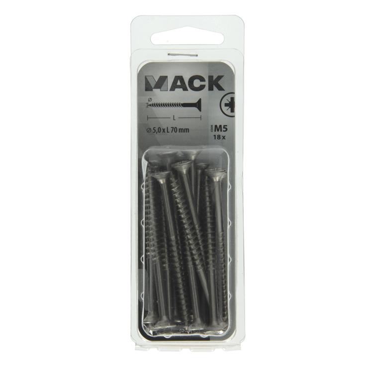 Afbeelding laden in galerijviewer, Mack 1020001 - spaanplaatschroef vz kop rvs 18 st 5,0 x 70 mm | 5 stuks
