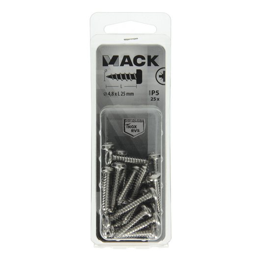 Mack 1020020 - zelftappende schroef cyl.kop a2 25 st 4,8 x 25 mm | 5 stuks