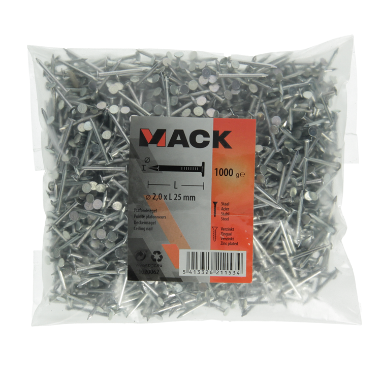 Afbeelding laden in galerijviewer, Mack 1020062 - plafondnagel verzinkt 1000 gr 2,0 x 25 mm | 10 stuks
