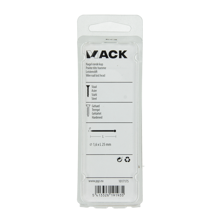 Afbeelding laden in galerijviewer, Mack 1017175 - nagel ronde kop staal gehard 45 gr 1,6 x 25 mm | 10 stuks
