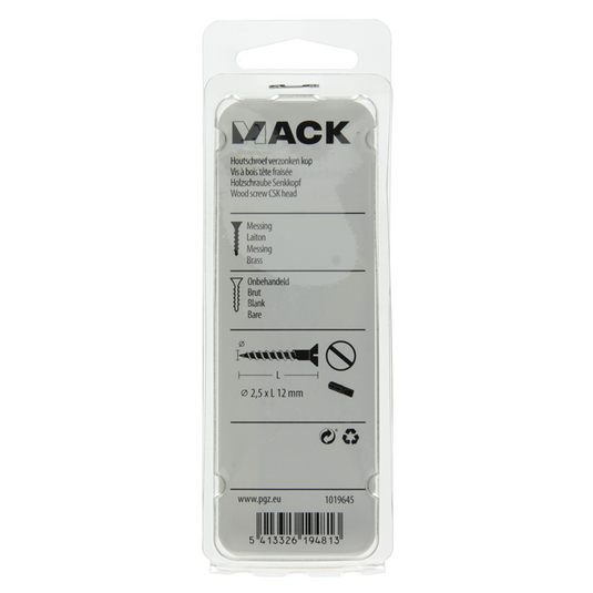 Mack 1019645 - houtschroef verzonken kop messing 12st 2,5 x 12 mm | 10 stuks