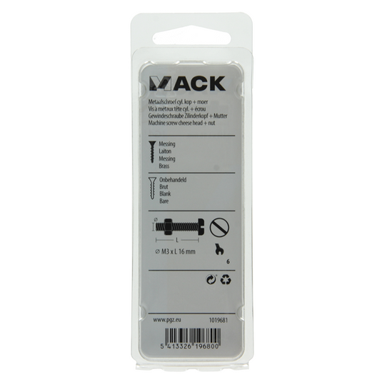 Mack 1019681 - metaalschroef cyl.kop + moer messing 8st m3 x 16 mm | 10 stuks