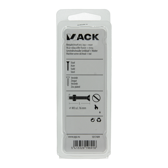 Mack 1017489 - metaalschroef verz. kop + moer verz. 27st m3 x 16 mm | 10 stuks