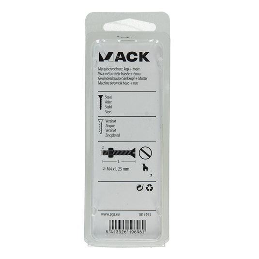 Mack 1017493 - metaalschroef verz. kop + moer verz. 16st m4 x 25 mm | 10 stuks
