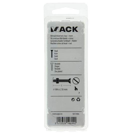 Mack 1017496 - metaalschroef verz. kop + moer verz. 9 st m4 x 50 mm | 10 stuks