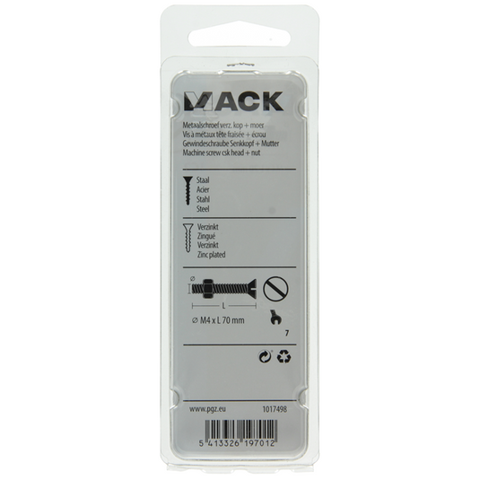 Mack 1017498 - metaalschroef verz. kop + moer verz. 4 st m4 x 70 mm | 10 stuks
