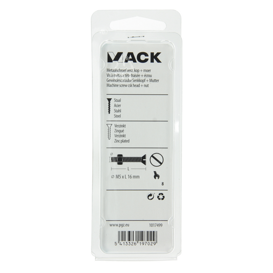 Mack 1017499 - metaalschroef verz. kop + moer verz. 16st m5 x 16 mm | 10 stuks