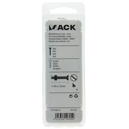 Mack 1017502 - metaalschroef verz. kop + moer verz. 13st m5 x 30 mm | 10 stuks