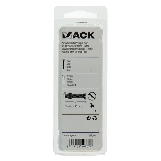 Mack 1017504 - metaalschroef verz. kop + moer verz. 8 st m5 x 50 mm | 10 stuks