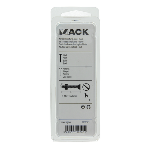 Mack 1017505 - metaalschroef verz. kop + moer verz. 7 st m5 x 60 mm | 10 stuks
