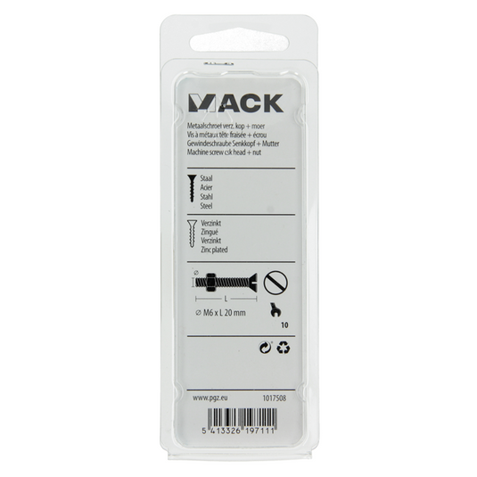 Mack 1017508 - metaalschroef verz. kop + moer verz. 10st m6 x 20 mm | 10 stuks