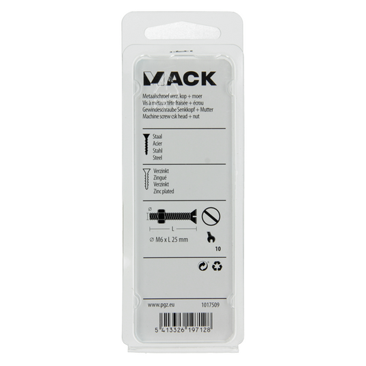 Mack 1017509 - metaalschroef verz. kop + moer verz. 9 st m6 x 25 mm | 10 stuks