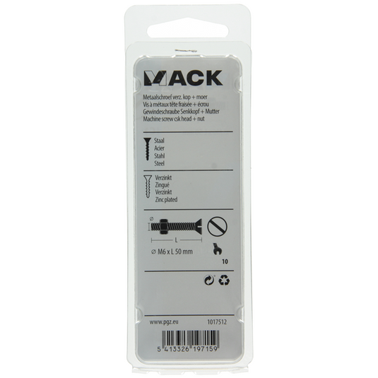 Mack 1017512 - metaalschroef verz. kop + moer verz. 6 st m6 x 50 mm | 10 stuks