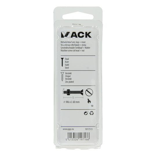 Mack 1017513 - metaalschroef verz. kop + moer verz. 5 st m6 x 60 mm | 10 stuks