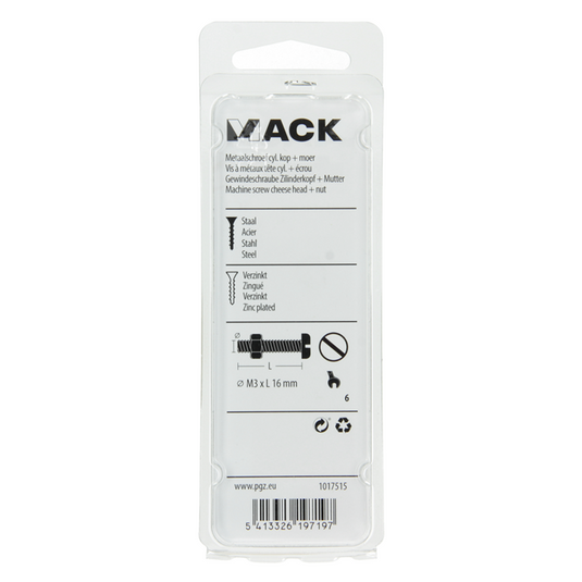Mack 1017515 - metaalschroef cyl. kop + moer verz. 27 st m3 x 16 mm | 10 stuks