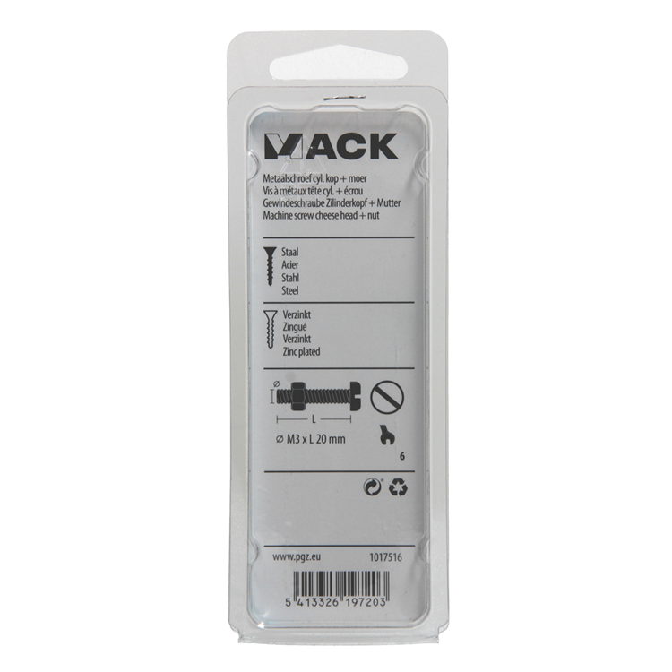 Afbeelding laden in galerijviewer, Mack 1017516 - metaalschroef cyl. kop + moer verz. 24 st m3 x 20 mm | 10 stuks
