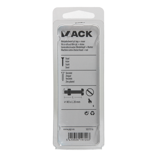 Mack 1017516 - metaalschroef cyl. kop + moer verz. 24 st m3 x 20 mm | 10 stuks