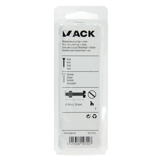 Mack 1017518 - metaalschroef cyl. kop + moer verz. 18 st m4 x 20 mm | 10 stuks