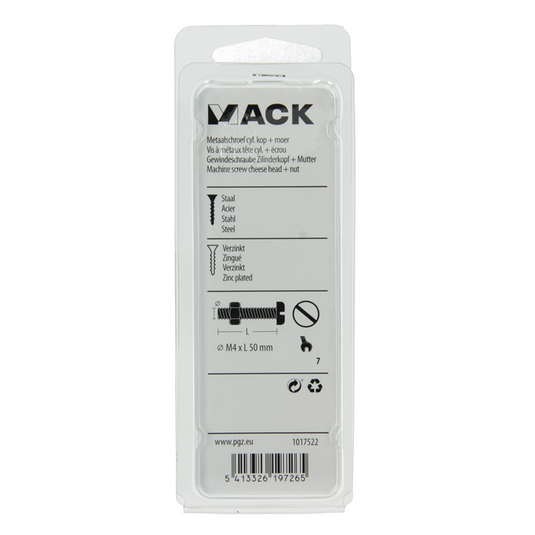 Mack 1017522 - metaalschroef cyl. kop + moer verz. 9 st m4 x 50 mm | 10 stuks
