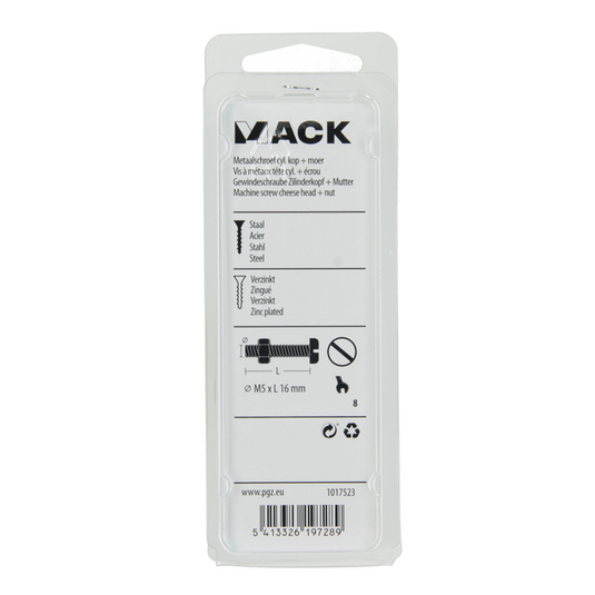 Mack 1017523 - metaalschroef cyl. kop + moer verz. 16 st m5 x 16 mm | 10 stuks