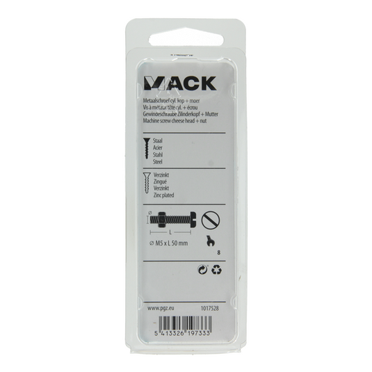 Mack 1017528 - metaalschroef cyl. kop + moer verz. 8 st m5 x 50 mm | 10 stuks