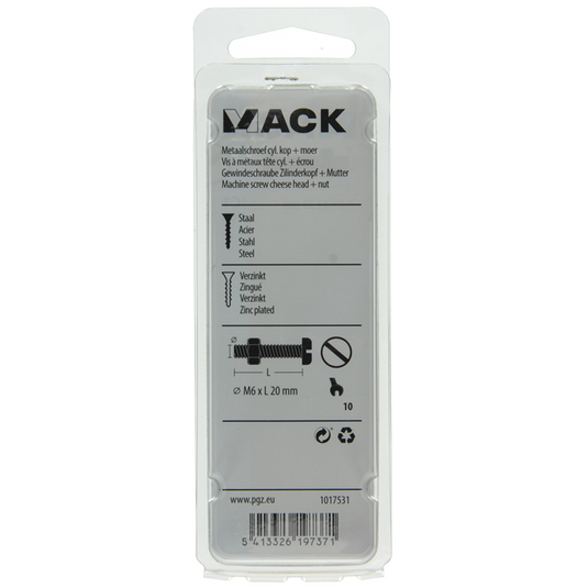 Mack 1017531 - metaalschroef cyl. kop + moer verz. 10 st m6 x 20 mm | 10 stuks