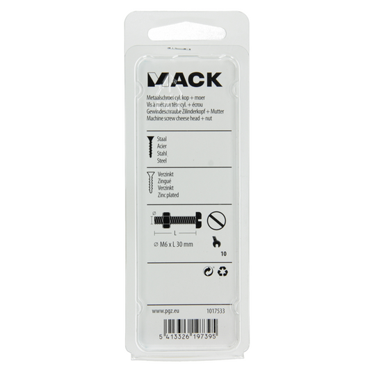 Mack 1017533 - metaalschroef cyl. kop + moer verz. 8 st m6 x 30 mm | 10 stuks