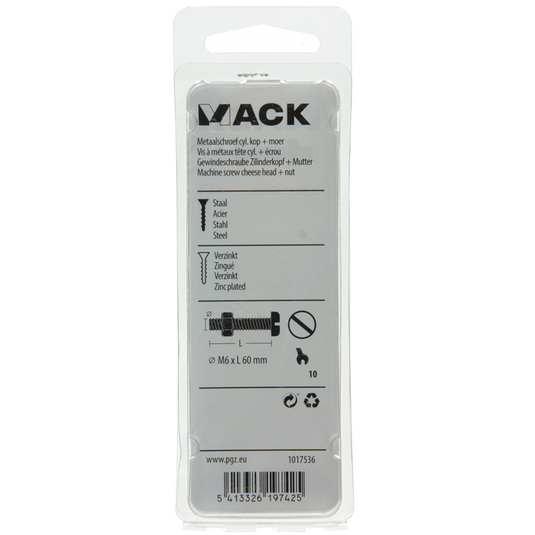 Mack 1017536 - metaalschroef cyl. kop + moer verz. 4 st m6 x 60 mm | 10 stuks