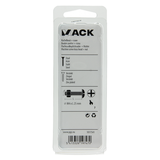 Mack 1017541 - kachelbout + moer staal verzinkt 18 st m4 x 25 mm | 10 stuks