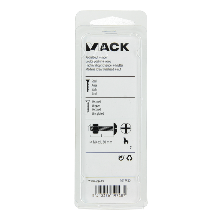 Afbeelding laden in galerijviewer, Mack 1017542 - kachelbout + moer staal verzinkt 16 st m4 x 30 mm | 10 stuks
